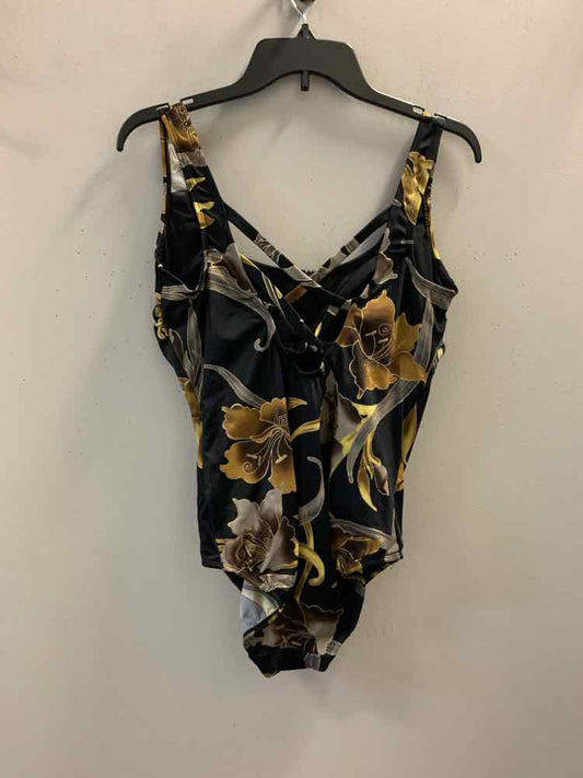 LONGITUDE Swimwear Size 16 BLK/GOLD Floral SPAGHETTI STRAP Swimsuit