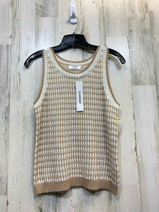 NWT THE WORKSHOP Tops Size L TAN/WHT Geometric SLEEVELESS Blouse/SCOOPED CREW NE