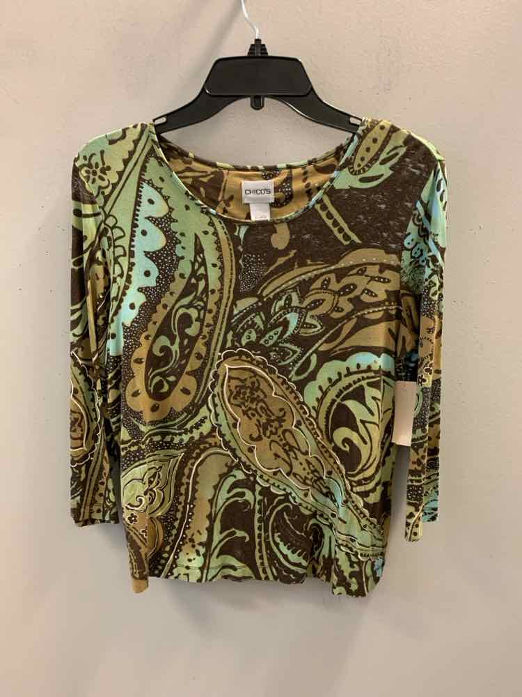 CHICOS Tops Size 1 GRN/BRN Paisley 3/4 LENGTH TOP