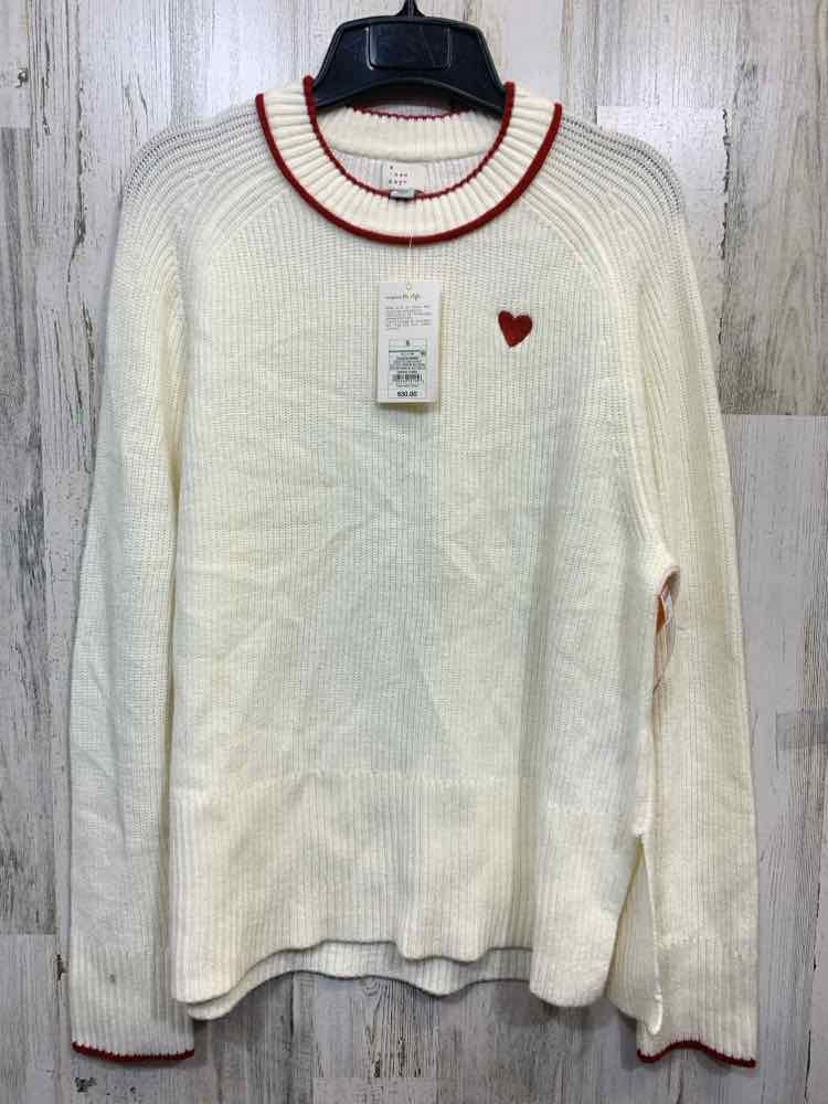 NWT A NEW DAY Tops Size S Cream LONG SLEEVE/BURGUNDY TRIM/HEART EMBROI Sweater