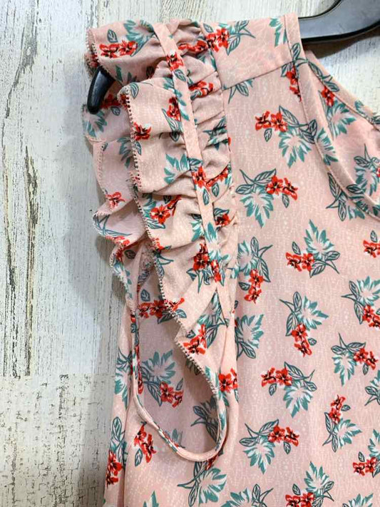 PRE-OWNED LOFT ANN TAYLOR Tops Size M PCH/GRN/RED Floral Blouse/RUFFLED CAP SLEE