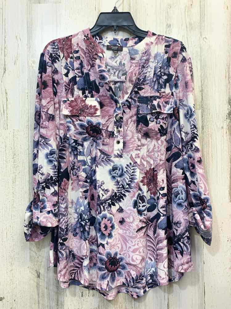 COCOMO PLUS SIZES Size 1X WHT/LAV/BLU Floral 3/4 LENGTH TOP