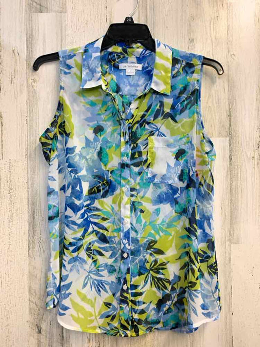 LIZ CLAIBORNE Tops Size L BLU/LIME/WHT/BLK LEAVES SLEEVELESS Shirt