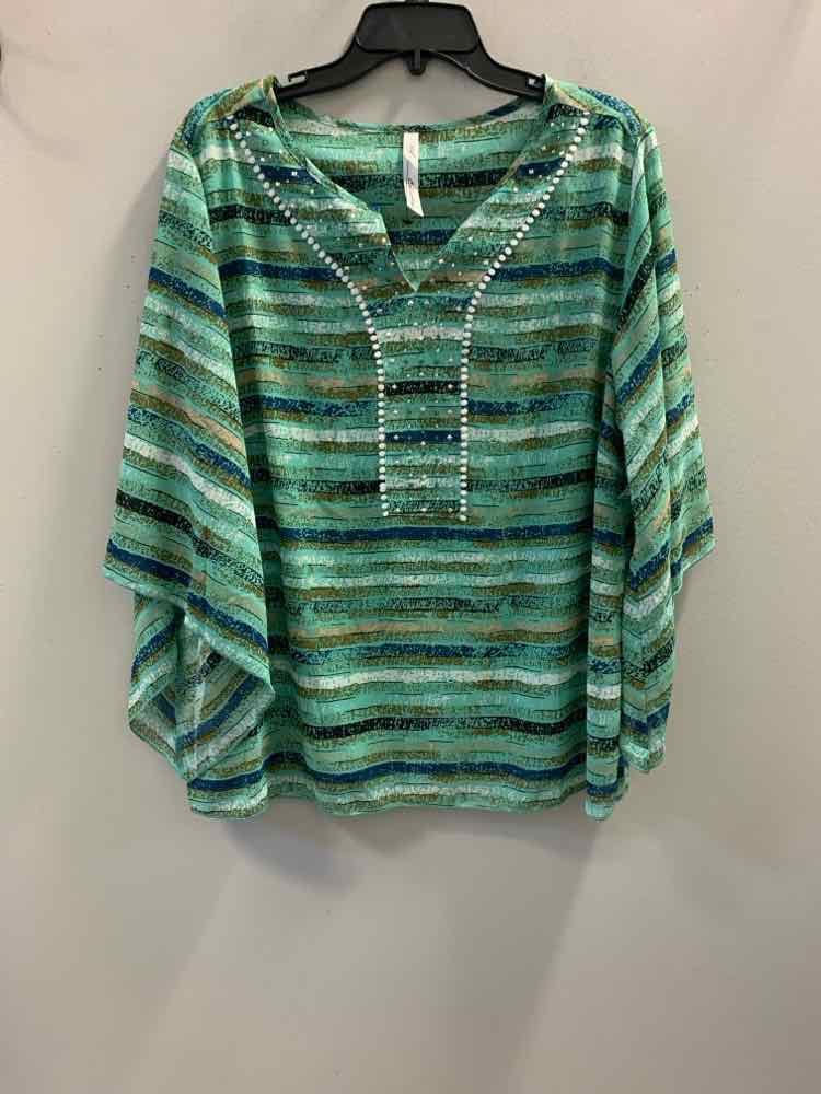 NY COLLECTION Tops Size L MINT/WHT/BLU/BLK Stripe 3/4 SLEEVE TOP