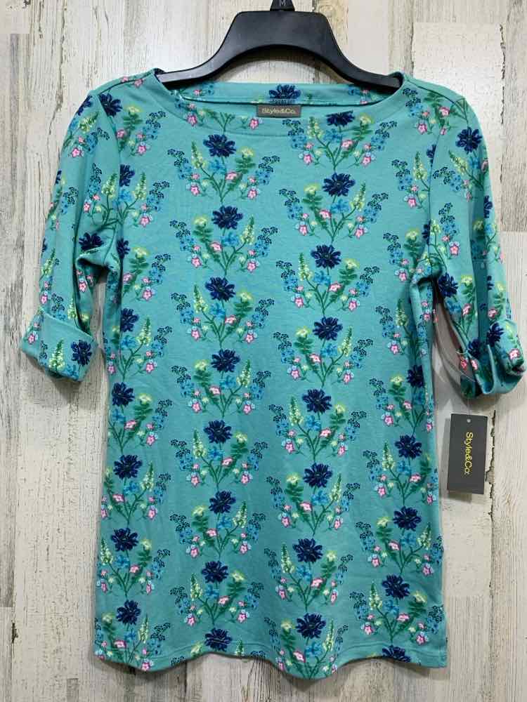 NWT STYLE & CO Tops Size XS AQUA/BLU/GRN Floral CUFFED SLV Blouse