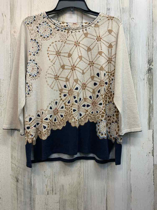 ALFRED DUNNER Tops Size PL CRM/NAVY PINWHEELS 3/4 LENGTH TOP