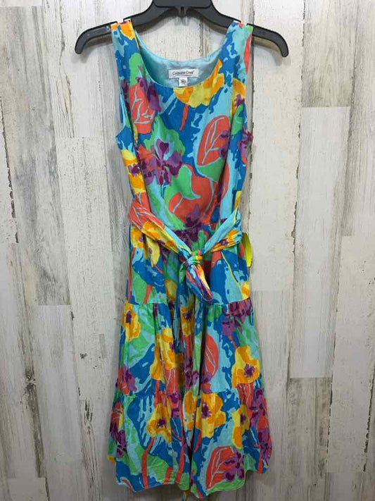 PRE-OWNED COLDWATER CREEK/VIBRANT ABSTRACT PRINT ROUND NECK SELF-TIE WAIST