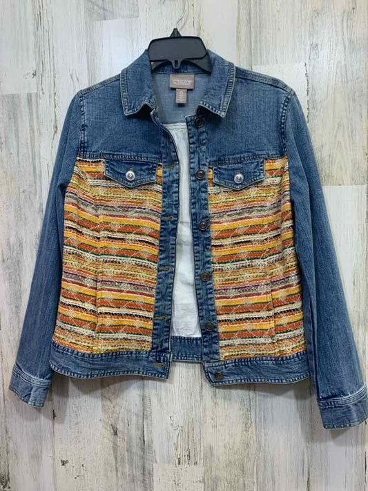 CHICOS Tops Size 0 BLU/ORG/YLW/GRN Denim JACKET Jacket