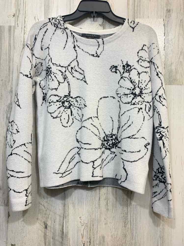 PRE-OWNED TAHARI Tops Size XS WHITE/BLACK Floral SWEATER Sweater/WHITE/BLACK FLO