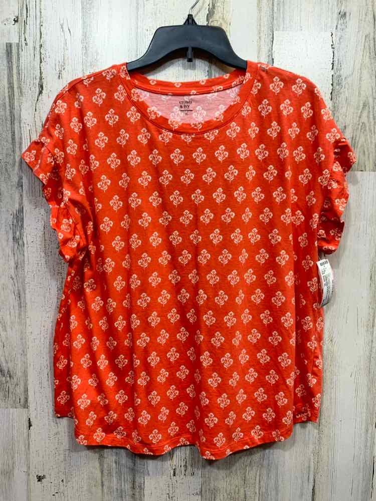 PRE-OWNED CROWN & IVY Tops Size XL CORAL/WHITE Floral SHORT SLEEVES Shirt/CORAL