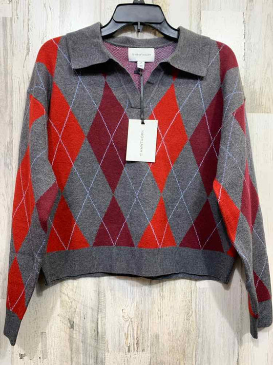 NWT 41 HAWTHORN Size M  GRY/RED/WHT DIAMOND LONG SLEEVES COLLARED V NEC  SWEATER