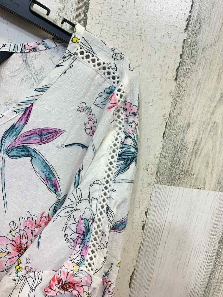 PRE-OWNED BUFFLO Tops Size L WHT/TEAL/PRPL/PINK/BLCK Floral TIES ON FRONT Shirt/