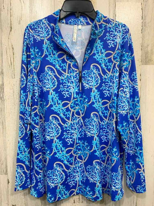 PRE-OWNED LULU B Tops Size L WHT/BLU/AQUA CORAL REEF LONG SLEEVE PULL OVER