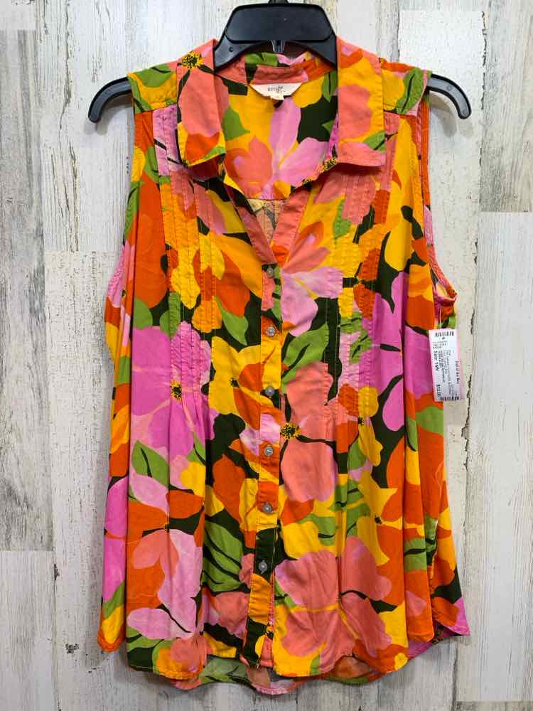 PRE-OWNED TERRA & SKY PLUS SIZES Size 14W BLK/ORNG Floral SLEEVELESS BUTTO Shirt