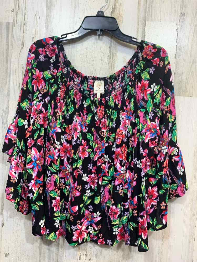 PRE-OWNED SELF ESTEEM Tops Size L BLK/MULTI-COLOR Floral 3/4 SLEEVE TOP/OFF SHOU