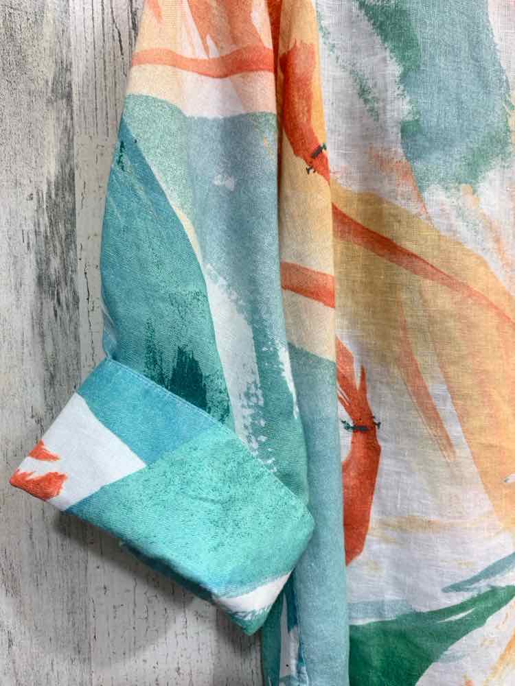 PRE-OWNED CHICO'S/VIBRANT ABSTRACT PAINTERLY PRINT LINEN BUTTON-UP