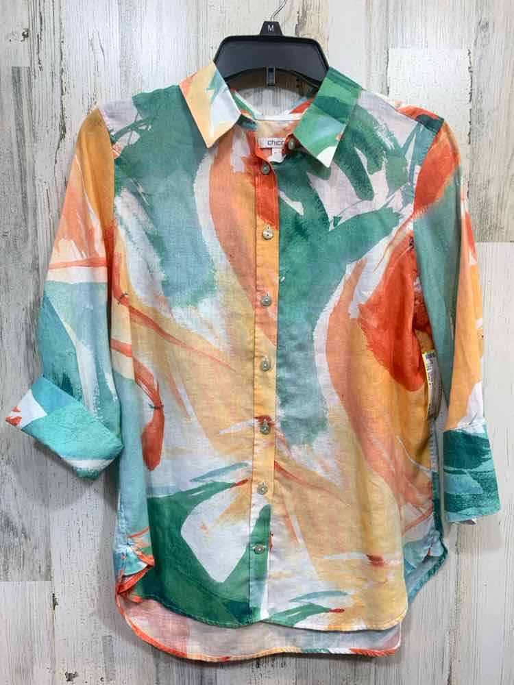 PRE-OWNED CHICO'S/VIBRANT ABSTRACT PAINTERLY PRINT LINEN BUTTON-UP