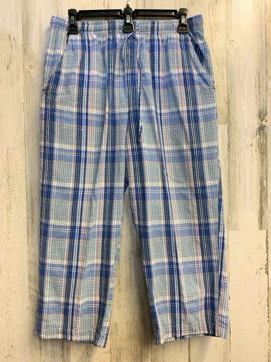 PRE-OWNED Size L ERIKA BOTTOMS BLU/WHT/PNK SEERSUCKER Plaid CAPRI Pants
