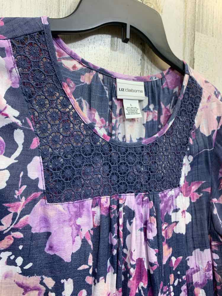 PRE-OWNED LIZ CLAIBORNE Tops Size L BLK/BGE/PNK Floral SHORT SLEEVES Blouse