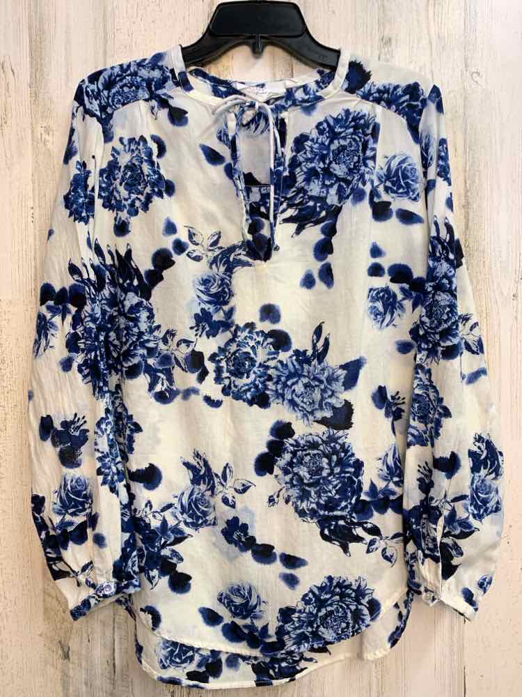 PRE-OWNED H&M Tops Size L BLUE/WHT Floral LONGSLEEVE TOP/V-NECK W/TIE STRINGS