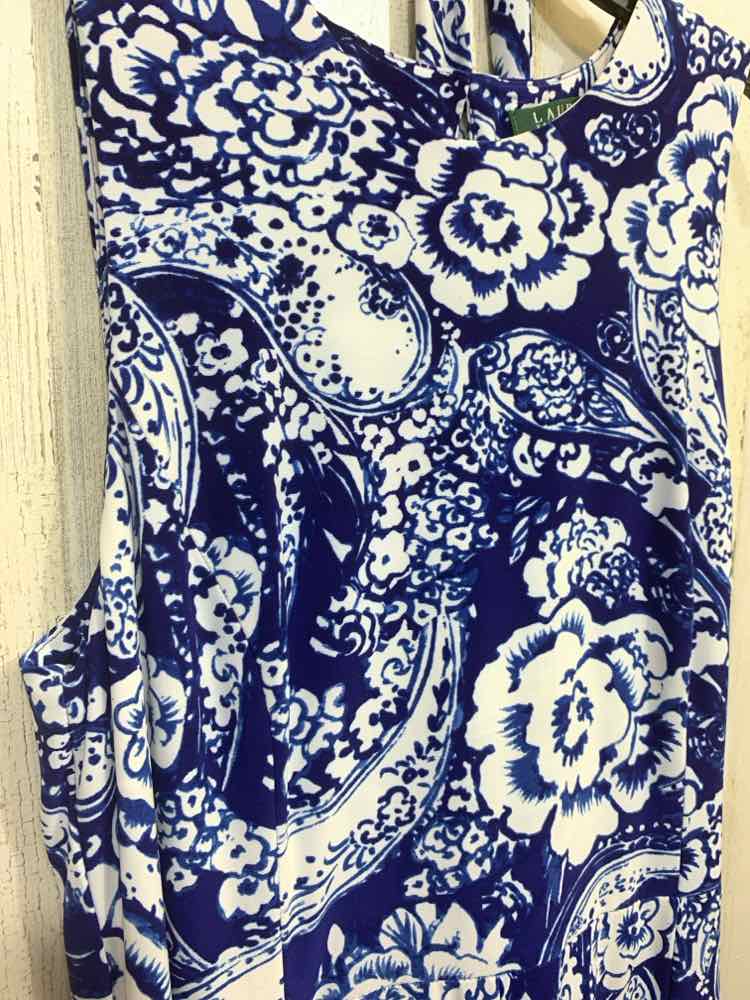 NWT Ralph Lauren Size 16 BLU/WHT FLORAL/PAISLEY SCOOP NECKLINE DRESS