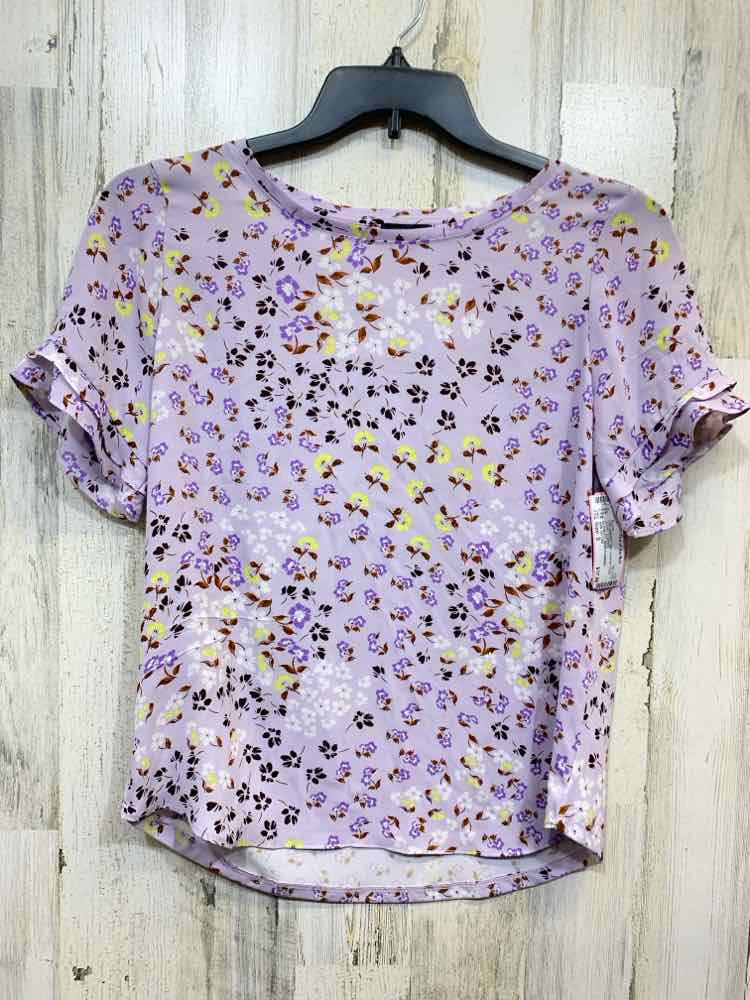 PRE-OWNED ANN TAYLOR Tops Size S Lavender Floral SHORT SLEEVES Blouse/BLK/WHT/LV