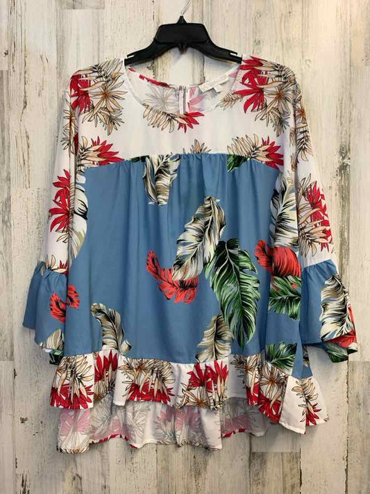 SUZANNE BETRO PLUS SIZES Size 4X WHT/SLATE BLU/TAN/GRN/RED TROPICAL LEAVES TOP