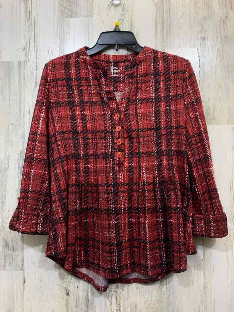 NWT KIM ROGERS Tops Size PM RED/BLK/WHT Plaid 3/4 LENGTH TOP