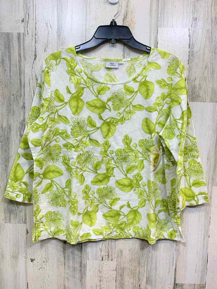PRE-OWNED HOT COTTON Tops Size L WHITE/YELLOW GREEN FLORAL & VINES Blouse/WHITE/