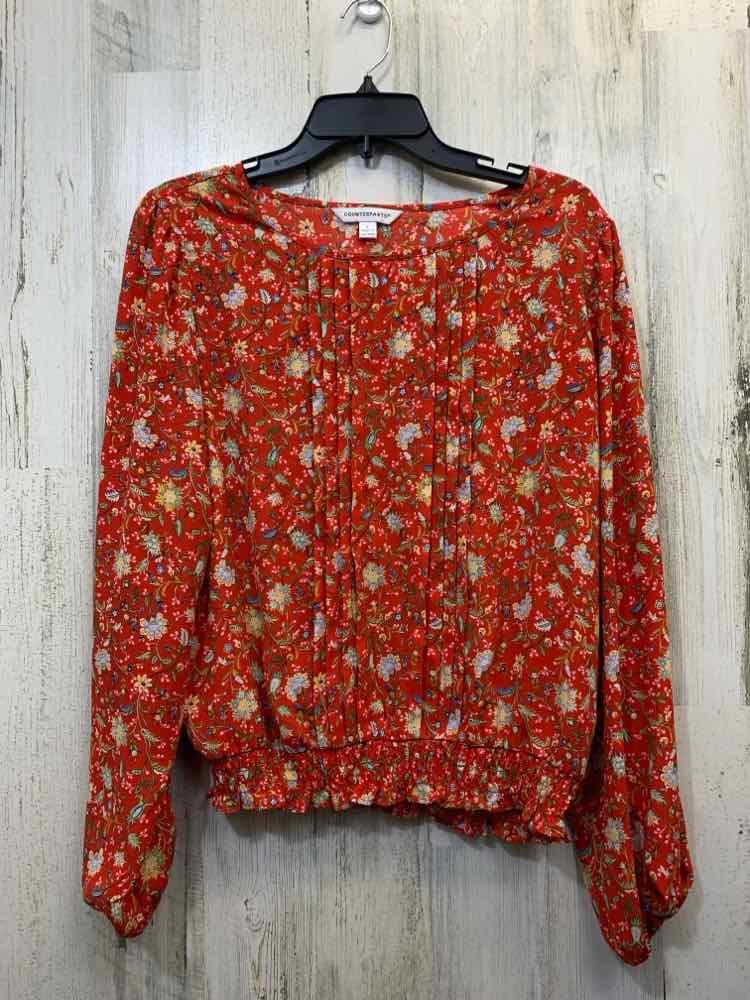 PRE-OWNED COUNTER ART Tops Size L Red Floral LONG SLEEVES TOP/WHT/YLOW/BLUE ELAS