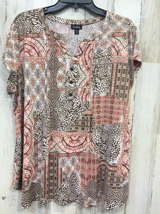 PRE-OWNED LINKS Tops Size XL WHITE/PINK/BROWN TRIBAL SHORT SLEEVES TOP/V CUT NEC