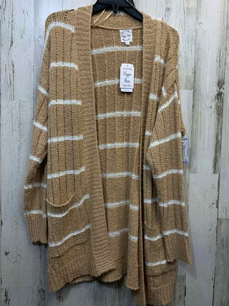 NWT HIPPIE ROSE Tops Size L TAN/WHT Stripe CARDIGAN Cardigan