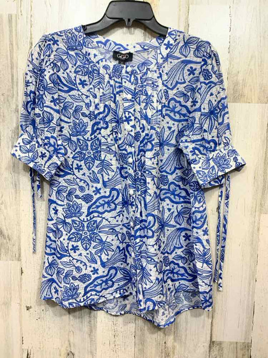 NWT GIGIO Tops Size L WHT/GRN Floral SHORT SLEEVES /BUTTON UP/PLEATED BIBBlouse