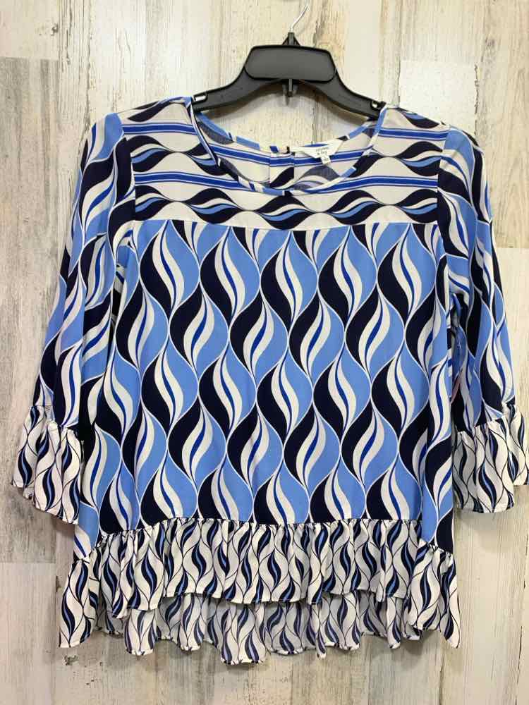 PRE-OWNED CROWN & IVY Tops Size L WHT/NVY/BLU 3/4 SLEEVE Blouse