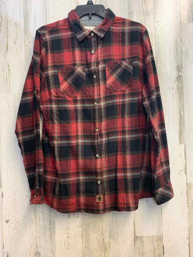 PRE-OWNED EMILY DANIELS Tops Size L RED/GRAY/BLACK Plaid LONG TOP/LONG SLEEVE PL