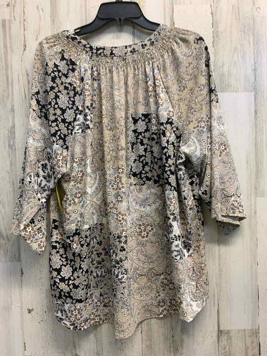 PRE-OWNED N TOUCH Tops Size L WHT/BLK/BGE Floral 3/4 SLEEVE Blouse