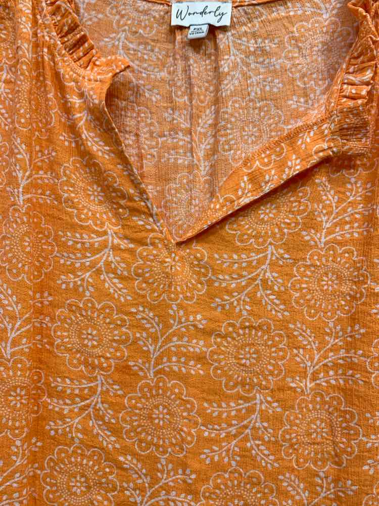 PRE-OWNED WONDERLY Tops Size PXL ORANGE/WHITE Floral SHORT SLEEVES Blouse/ORANGE