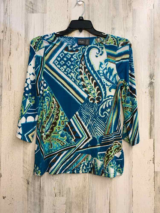 TRAVELERS BY CHICO'S Tops Size 0 TEAL/WHT/GRN ABSTRACT 3/4 LENGTH TOP