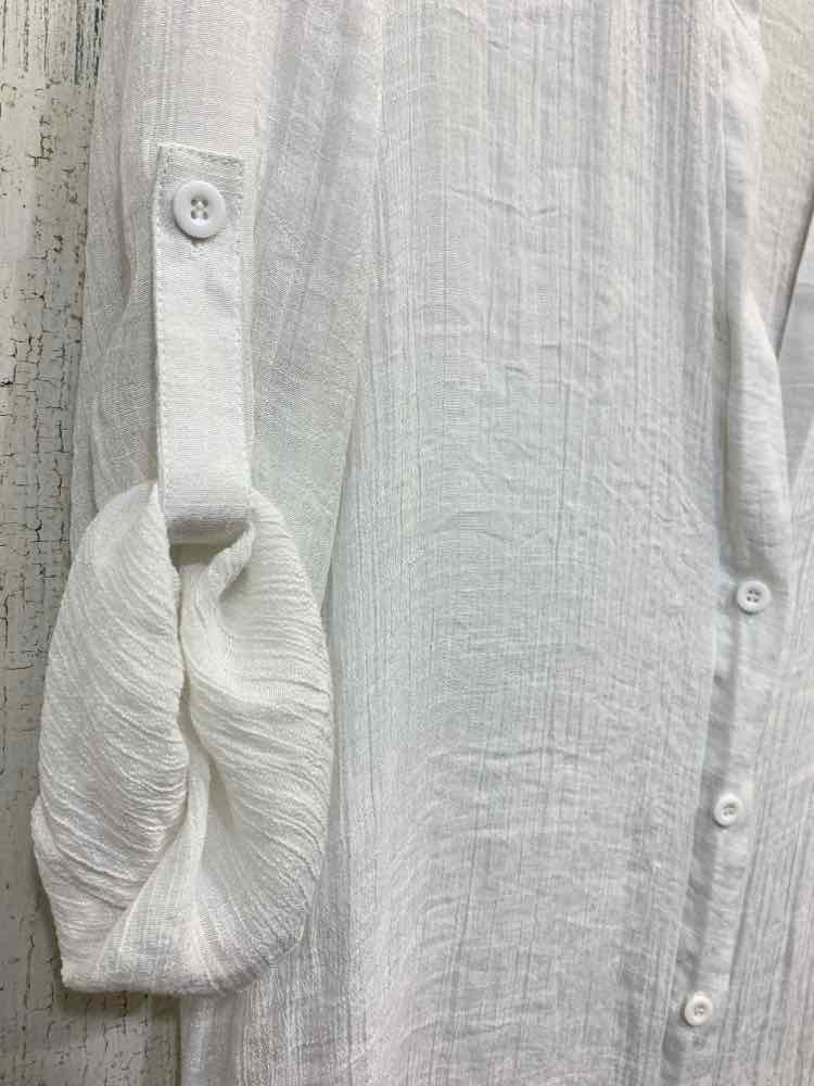 PRE-OWNED EKOUAER Tops Size L White Solid BUTTON UP Shirt/WHITE SHEER LONG SLEEV