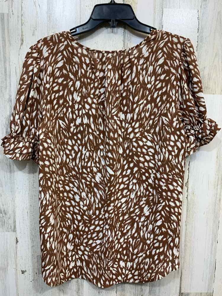 PRE-OWNED EST 1946 Tops Size L WHT/BRN Animal Print SHORT SLEEVES Blouse