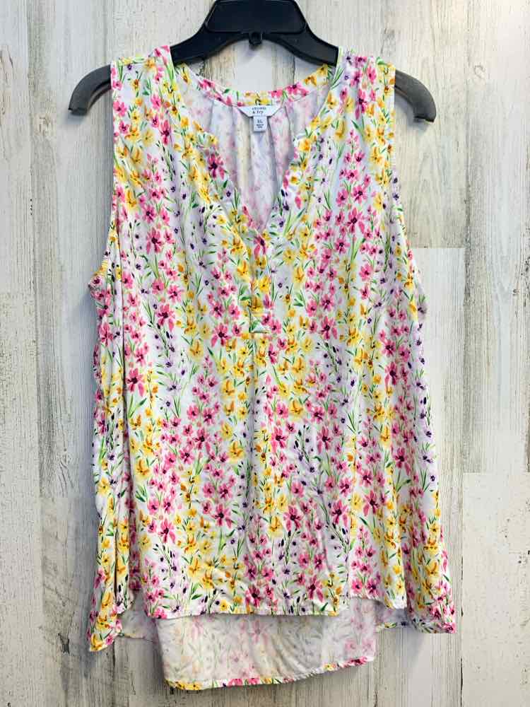 PRE-OWNED CROWN & IVY Tops Size XL WHT/YLW/PNK Floral SLEEVELESS TOP
