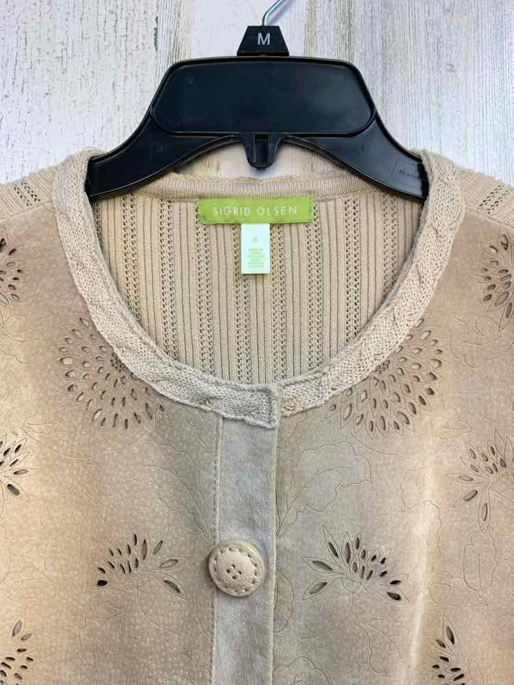 PRE-OWNED SIGRID OLSEN Tops Size S Tan Floral LONG SLEEVES TOP/EMBOSSED LEATHER