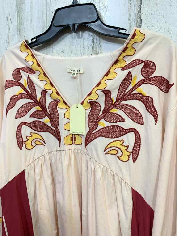 NWT JODIFL Size L Dresses CREAM/YELLOW/BURGUNDY EMBROIDERED BELL SLEEVES DRESS