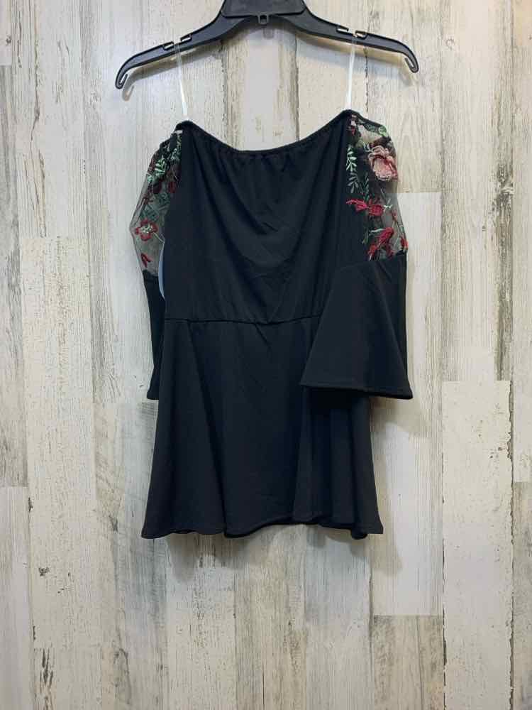 PRE-OWNED ECI Tops Size 10 Black OFF SHOULDERS TOP/EMBROIDERED FLORAL SLEEVES
