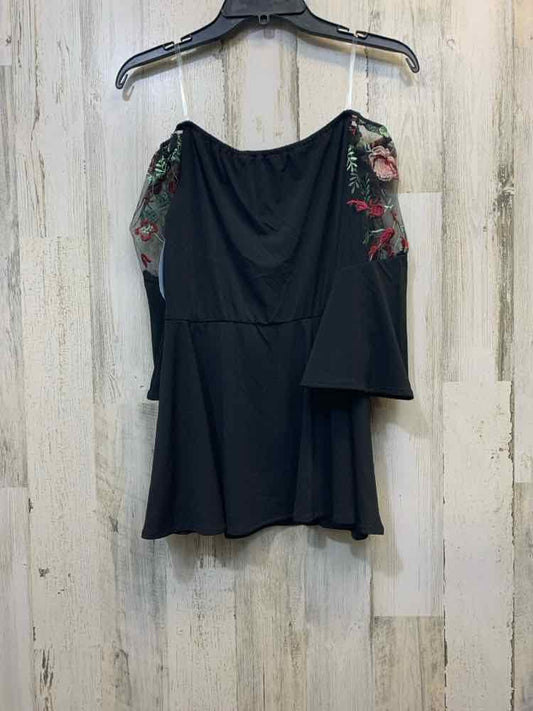 PRE-OWNED ECI Tops Size 10 Black OFF SHOULDERS TOP/EMBROIDERED FLORAL SLEEVES