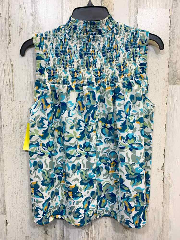 PRE-OWNED THML Tops Size XS WHT/BLU/AQUA Floral SLEEVELESS/MOCK NECK Blouse