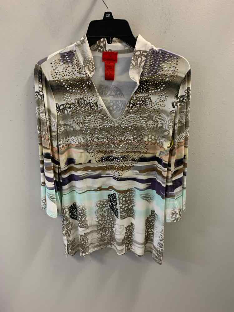 V CRISTINA Tops Size M BRN/TAN/PURP/YEL/PNK/AQUA Stripe TOP