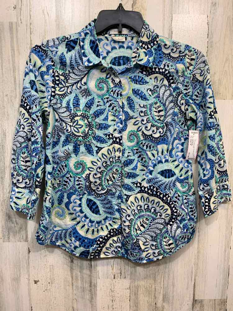 PRE-OWNED VAN HAUSEN Tops Size M BLK/WHT/BLU Floral 3/4 SLEEVE Shirt