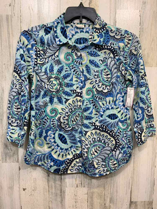 PRE-OWNED VAN HAUSEN Tops Size M BLK/WHT/BLU Floral 3/4 SLEEVE Shirt