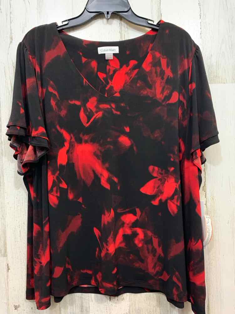 NWT CALVIN KLIEN/ABSTRACT FLORAL PRINT SHORT FLUTTER SLEEVE V-NECK